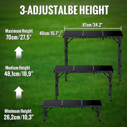 GARLLEN Folding Camping Table Max Capacity 66lbs, 3-Height Adjustable Portable Camping Table with Storage Bag, Lightweight Aluminum Picnic Table for Outdoor, Beach, BBQ, 34.2" L x 15.7" W, Black