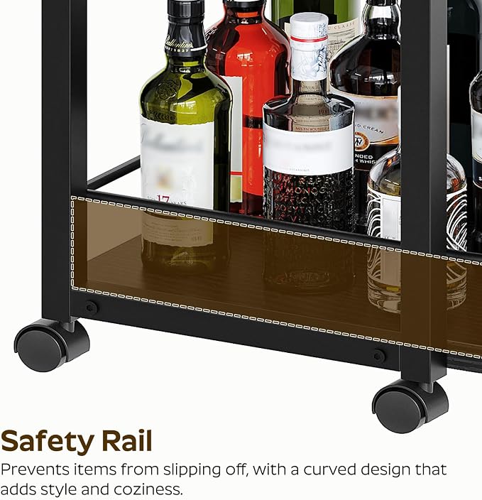 3-Tier Bar Cart, Home Bar Serving Cart with Fence and Wheels, for Dining Room, Living Room, Garden, Party, Black BC06BB