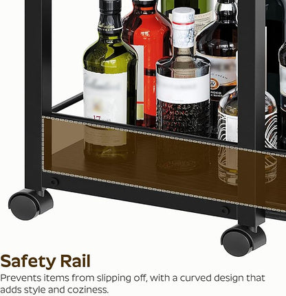 3-Tier Bar Cart, Home Bar Serving Cart with Fence and Wheels, for Dining Room, Living Room, Garden, Party, Black BC06BB