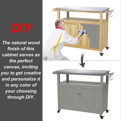 GDLF Outdoor Storage Cabinet Wood Outdoor Kitchen Prep Grill Table with Stainless Steel Top Waterproof Cover (Natural Wood Color)