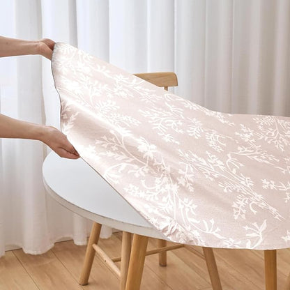 LIBERECOO Round Vinyl Fitted Tablecloth with Flannel Backing Elastic Edge Plastic Table Cover - Warm Brich - Waterproof Stain-Resistant Wipeable Tablecloths