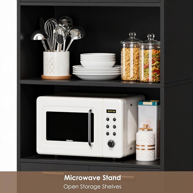 Keyluv 71" Kitchen Pantry Storage Cabinet, Kitchen Cabinet Hutch, Black | Freestanding Kitchen Hutch with Microwave Stand and Doors, Coffee Bar with Adjustable Shelves for Dining Room Living Room