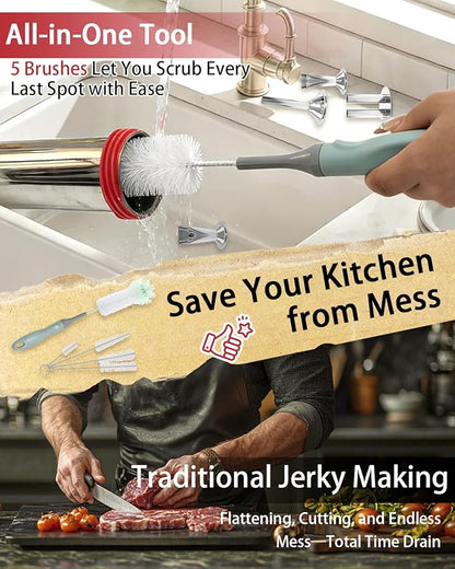 2LB Jerky Gun Kits, Sausage Stuffer, Stainless Steel Beef Meat Maker, Beef Stick Gun, Jerky Shooter Cannon with 5 Versatile Nozzles, 5 Cleaning Brushes and 1 Meat Pusher, Gifts for Women Men