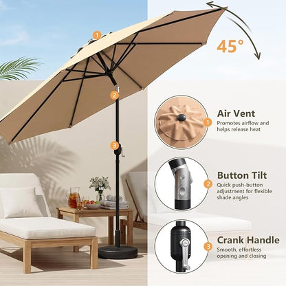 9FT Patio Umbrella,Outdoor Table Umbrella with Push Button Tilt & Crank,Pool Umbrella with Fade-Resistant Canopy, Heavy-Duty Steel Frame, Vented Top, for Deck, Backyard & Market