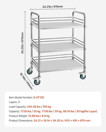 VEVOR Stainless Steel Rolling Cart, 3-Tier Metal Utility Cart with Lockable Wheels, Medical Serving Trolley Clinic Tray, Mobile Service Cart for Hospital, Lab, Restaurant, Kitchen, Salon