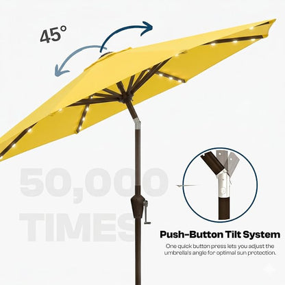 10FT Solar Lighted Patio Umbrella, Outdoor Table Market Umbrellas with Push Button Tilt and Crank, 32 LED Lights, 8 Sturdy Ribs, UV-Resistant for Deck, Garden, Pool