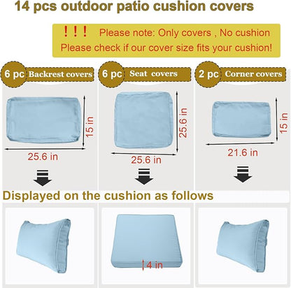 14 Piece Outdoor Patio Cushion Cover Replacement, Waterproof Patio Cushion Covers, Outdoor Furniture Cushion Covers Set for 6 Seat Wicker Rattan Sofa (Light Blue)