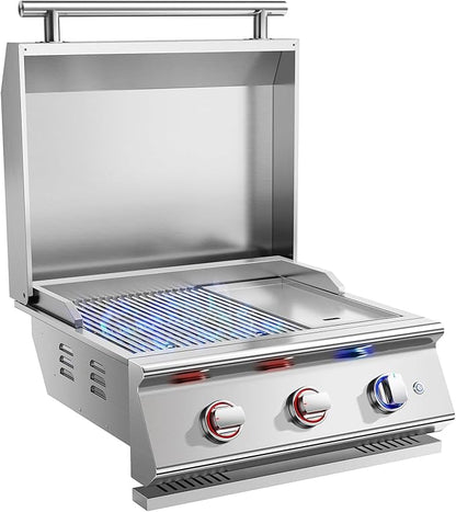 Livory 26 Inch BBQ Head Griddle Grill Combo for Barbecue Island, Liquid Propane Bulit-in Grills for Outdoor Kitchen,3 * 14,000 BTU， 3-Burner, Premium 304 Stainless Steel, Convertible to Natural Gas