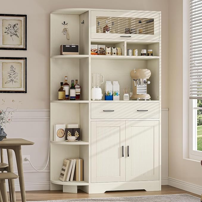 YITAHOME 67" Kitchen Hutch with Outlet, Shelves & Drawer, Off-White | Farmhouse Microwave Stand Buffet Coffee Bar for Living Room and Dining Room