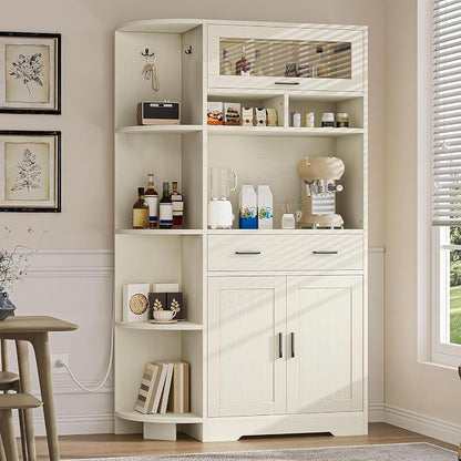 YITAHOME 67" Kitchen Hutch with Outlet, Shelves & Drawer, Off-White | Farmhouse Microwave Stand Buffet Coffee Bar for Living Room and Dining Room