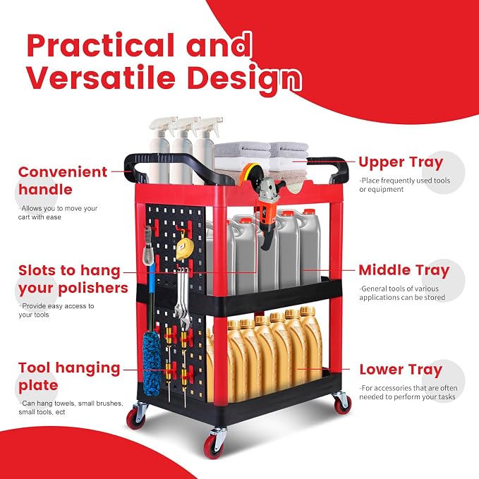 MaxWorks 50886 3 Shelf Rolling Utility Service Cart with Storage Carts and Bottle Holders with Side Hanging Hook 440-lb Capacity