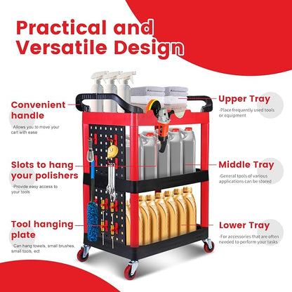 MaxWorks 50886 3 Shelf Rolling Utility Service Cart with Storage Carts and Bottle Holders with Side Hanging Hook 440-lb Capacity