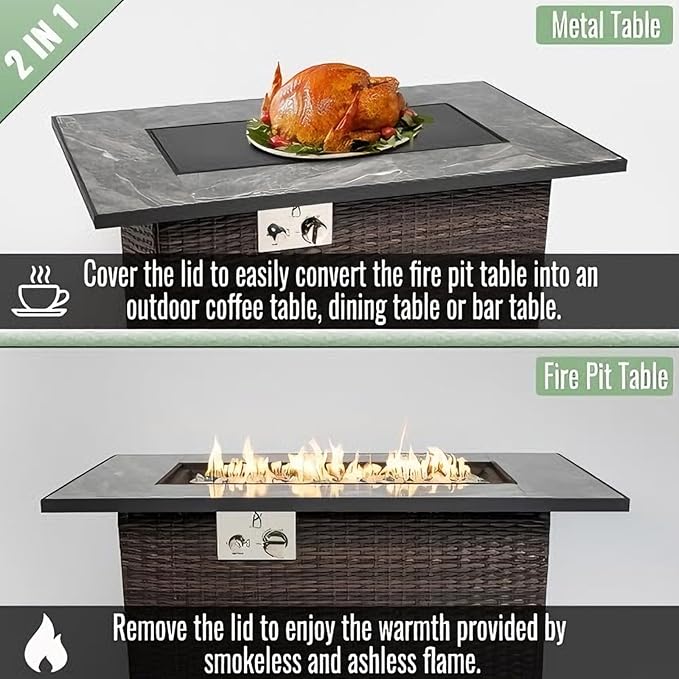 44" Outdoor Propane Fire Table, 50,000 BTU Gas Fire Pit with Ceramic Tile Top, PU Rattan Base, Tempered Glass Wind Guard, Lid & Waterproof Cover, Rectangular Patio Firepit for Backyard, Deck & Garden