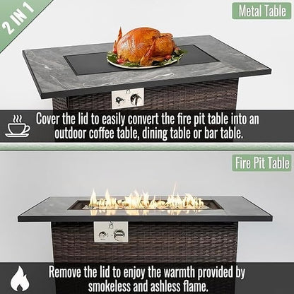 44" Outdoor Propane Fire Table, 50,000 BTU Gas Fire Pit with Ceramic Tile Top, PU Rattan Base, Tempered Glass Wind Guard, Lid & Waterproof Cover, Rectangular Patio Firepit for Backyard, Deck & Garden