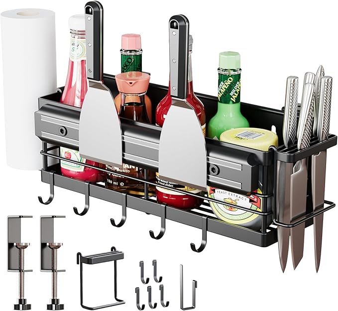 LIVOD Griddle Caddy - Magnetic Tool Holder for Blackstone Grills (17"-36") with Paper Towel Holder & Knife Rack