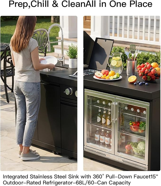BBQ Outdoor Kitchen Island Grill Barbecue Modular Patio Kitchens Kits with Electric Rotisserie, Sink, fridge, and Burner for More than 15 People