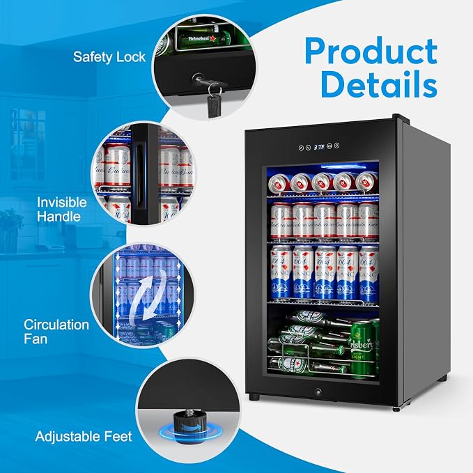 FoMup Beverage Refrigerator 17 inch Wide - 126 Can Beverage Cooler with Glass Door | Counter Top/Freestanding Mini Beverage Beer Fridge | Temperature Memory | Invisible Door | Perfect for Soda, Beer