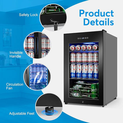 FoMup Beverage Refrigerator 17 inch Wide - 126 Can Beverage Cooler with Glass Door | Counter Top/Freestanding Mini Beverage Beer Fridge | Temperature Memory | Invisible Door | Perfect for Soda, Beer