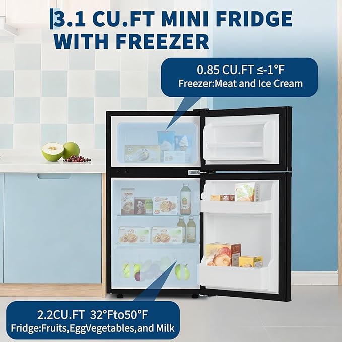 Mini Fridge with Freezer 3.1 Cu.Ft. Double Stainless Steel Door Compact Fridge Adjustable Thermostat,Removable Glass Shelves,Ideal for Compact Spaces Bedroom Dorm,Black