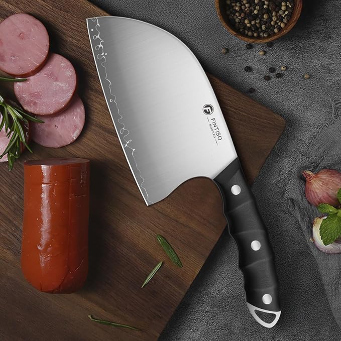 FINTISO Serbian Chef Knife, 6.5 Inch Hand Forged Meat Cleaver Knife with 5-Layer High Carbon Stainless Steel, Full Tang Outdoor-Proof G10 Handle, Ideal for Kitchen, Camping & BBQ Cooking