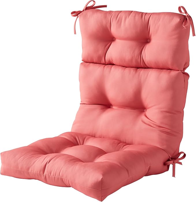 Outdoor Tufted High-Back Chair Cushions, One-Piece Hinged Seat and Back Design, Reversible with 4 Ties, Durable Polyester Fabric, Recycled Fiber Fill - Single, Coral