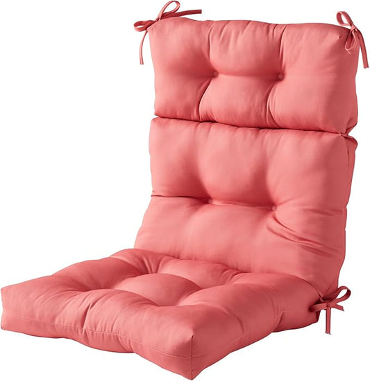 Outdoor Tufted High-Back Chair Cushions, One-Piece Hinged Seat and Back Design, Reversible with 4 Ties, Durable Polyester Fabric, Recycled Fiber Fill - Single, Coral