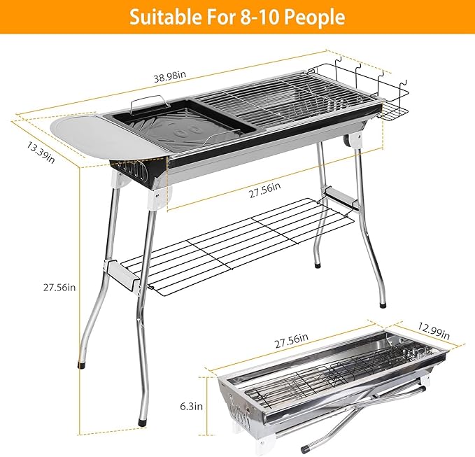 Portable Charcoal Grills,Outdoor Folding Barbecue Grill, Stainless Steel Foldable BBQ Grill Set w/Spice Plate&Storage&Holder,Large Kabob Smoker Grill for Cooking Camping Picnic Garden Party-US Spot