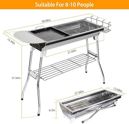 Portable Charcoal Grills,Outdoor Folding Barbecue Grill, Stainless Steel Foldable BBQ Grill Set w/Spice Plate&Storage&Holder,Large Kabob Smoker Grill for Cooking Camping Picnic Garden Party-US Spot
