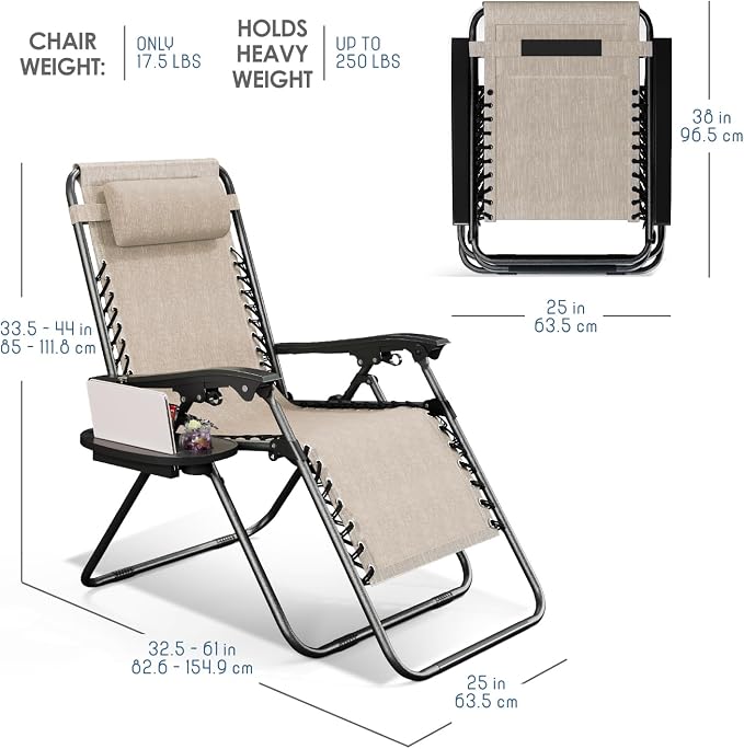 Nestl Zero Gravity Chairs Set of 6, Patio Lounge Chair Outdoor with Pillows & Cup Holder Trays, Adjustable Steel Mesh Reclining Camping Chair, Folding Patio Lawn Chair for Deck, Beach, Yard - Beige
