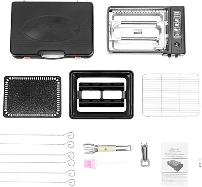 Portable Butane Stove Compact Gas-Grill Stove with Grilling Net & Storage Case, 0.25-0.3MPa Tabletop BBQ for Camping, Outdoor Cooker, Home