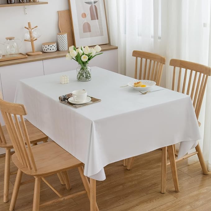 LIBERECOO Vinyl Tablecloth with Flannel Backing, Solid White, Waterproof, Stain-Resistant, Easy-Clean Table Cover for Dining, Kitchen, and Outdoor Use, 60" x 84" Rectangle