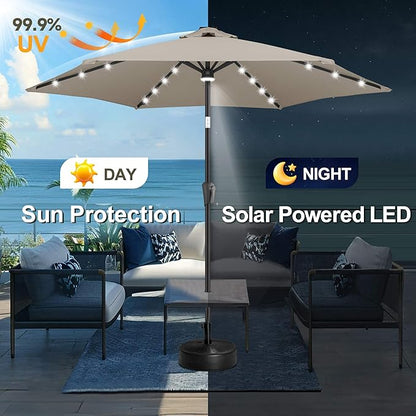 FLAME&SHADE 10ft Solar Outdoor Umbrella - 24 LED Lighted Patio Umbrella with Centre Surround Light, Table Umbrellas with Tilt & Crank for Pool, Porch, Garden, Deck, Backyard UV Protection (Taupe)