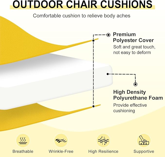 downluxe Outdoor Chair Cushions Set of 2 for Patio Furniture, Water-Resistant Square Corner Patio Chair Cushions with Ties, High Density Foam Outdoor Seat Cushion, 18.5" X 16" X 3", Yellow