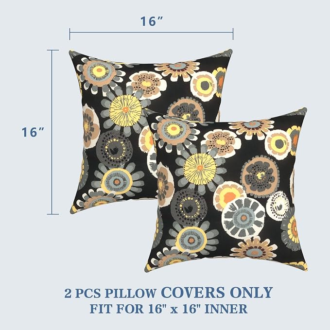 LVTXIII 2 Pack Outdoor Throw Pillow Covers for Patio Furniture, 16x16 Inch Square Pillow Case, Water-Repellent Cushion Covers for Garden, Porch, Sofa, Black Yellow Crosby