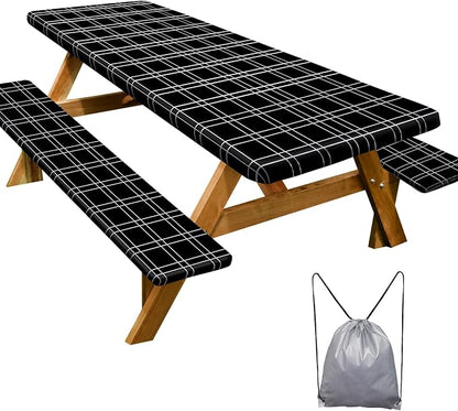 Picnic Table Cover Bench Covers Camping Essentials Tablecloth | Waterproof Vinyl for Outdoor, Windproof Elastic Fitted Edges, RV BBQ Accessories Must Haves, Storage Bag Included