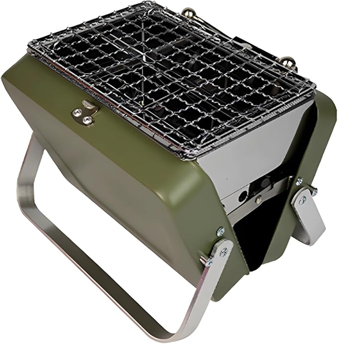 Mini Table Top Charcoal Grill, Portable BBQ Grill with Iron Body and Aluminum Legs, Foldable Suitcase Design, Green Grill for Outdoor Cooking, 1-2 Person Use