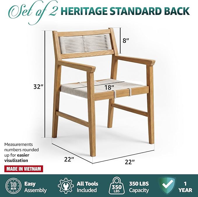 Acacia Heritage Woven Rope Wood Armchair, Set of 2 - Handcrafted Outdoor Patio Dining Chairs with UV Resistant Finish - Solid Wood Boho Accent Seating for Deck, Porch & Backyard, Natural
