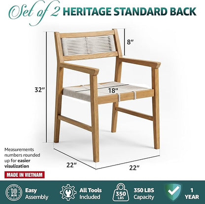 Acacia Heritage Woven Rope Wood Armchair, Set of 2 - Handcrafted Outdoor Patio Dining Chairs with UV Resistant Finish - Solid Wood Boho Accent Seating for Deck, Porch & Backyard, Natural