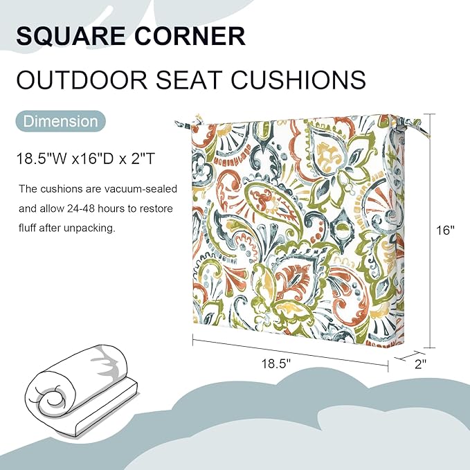 DYTXIII Set of 4 Outdoor Chair Cushions, Water Resistant 18.5"x16"x2" Square Seat Cushion for Patio Dining Chairs, High-Density Replacement Pads for Indoor Outdoor Furniture - Paisley Botanical