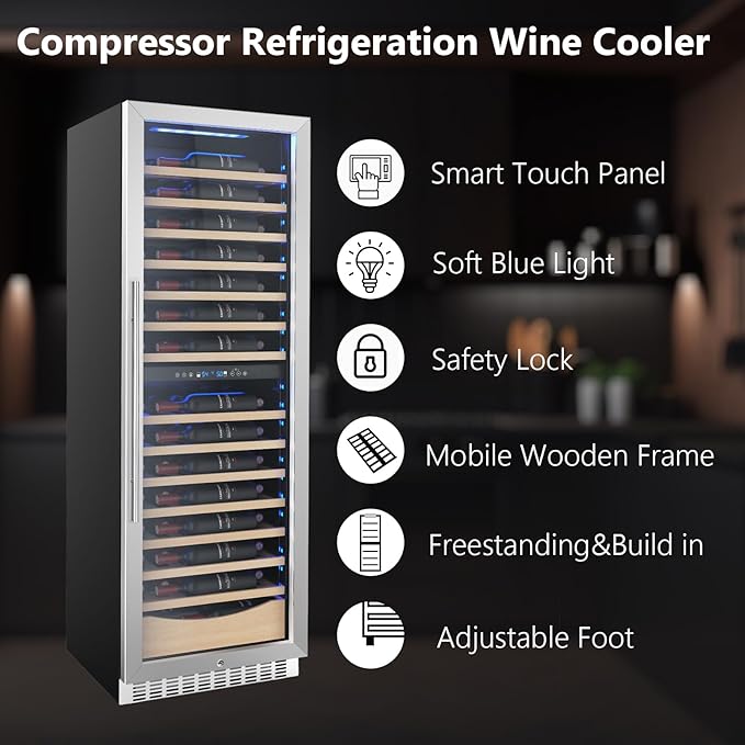 COWSAR 24 Inch Wine Cooler Drink Fridge, 105 Bottles Commercial Wine Fridge, Tall Freestanding/Built-in Beverage Refrigerator Glass Door with Removable Wooden Shelves, Blue LED Lights, Safety lock