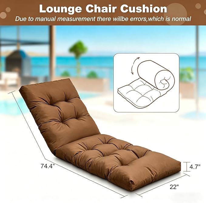 Outdoor Lounge Chair Cushions, 74.4 x 22 x 4.7 Inches Waterproof Fade Resistant Patio Cushion for Chaise Lounger