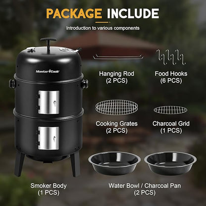 MASTER COOK 16 inch Charcoal Smoker, Vertical BBQ Grill, Heavy Duty 4 In 1 Fire Pit with built-in Thermometer & Adjustable Vent System for Backyard Patio Camping