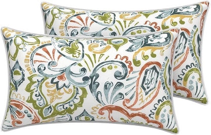 LVTXIII 2 Pack Outdoor Lumbar Pillow Covers 12x20 Inch with Piping, Water-Repellent Back Cushion Covers ONLY for Patio Furniture, Sofa, Garden Bench, Paisley Botanical