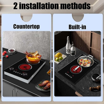 2 Burner Electric Cooktop,12 Inch Built-in Stove Top, 2200W,110V | Electric Cook Top, Knob Control, 9 Power Levels,Over-Temperature Protection