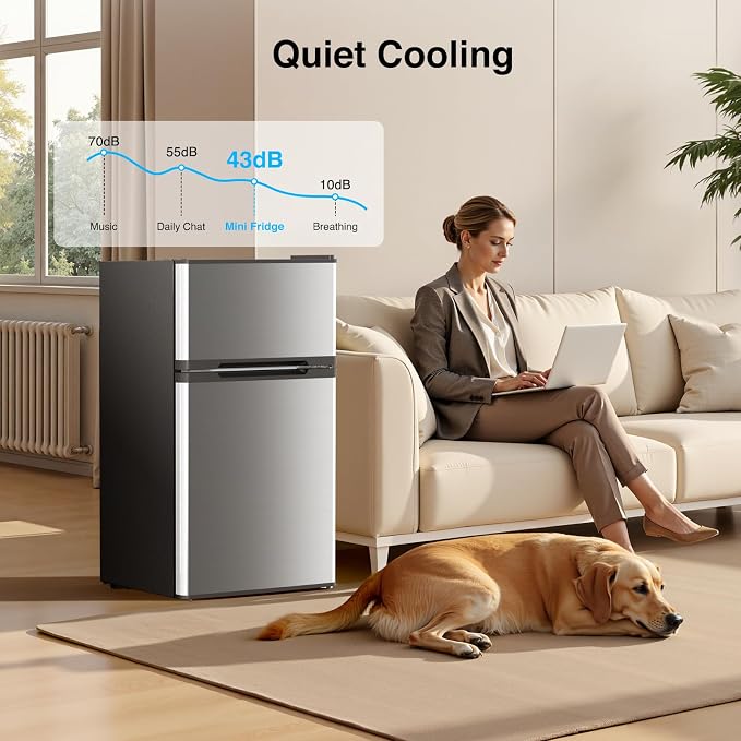 Kismile 2.5 Cu.Ft Mini Fridge with Freezer, Double Door Fridge, Silver | Reversible Door Compact Refrigerator with Mechanical Thermostat & Removable Shelves, Quiet for Bedroom Office