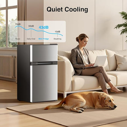 Kismile 2.5 Cu.Ft Mini Fridge with Freezer, Double Door Fridge, Silver | Reversible Door Compact Refrigerator with Mechanical Thermostat & Removable Shelves, Quiet for Bedroom Office