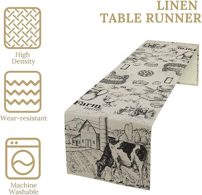 Farm Cow Thanksgiving Fall Table Runner, Tractor Milk Crop Fresh Market Farmhouse Kitchen Dining Table Decoration for Home Party 13x120 Inch