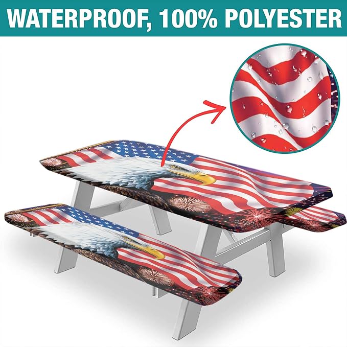 American Flag Picnic Fitted Tablecloth with Benches Covers, 4th of July Elastic Edge Fitted Table Cover, 28x72 Inch, 3 Piece Set, Red Blue, for Indoor/Outdoor Picnic, BBQ and Dining Room Use