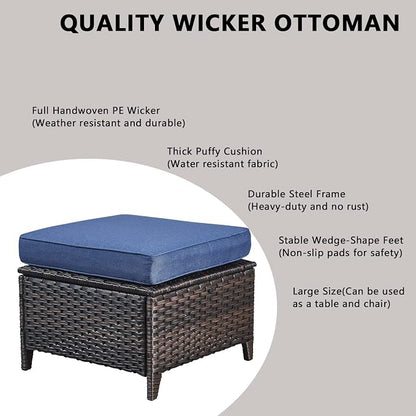 Rilyson Wicker Outdoor Patio Sofa with Ottoman, Large 3 Seater Wicker Patio Couch with 4in Replaceable Seat Cushions and Deep Seating, All Weather for Backyard, Garden, Poolside (Brown/Blue)