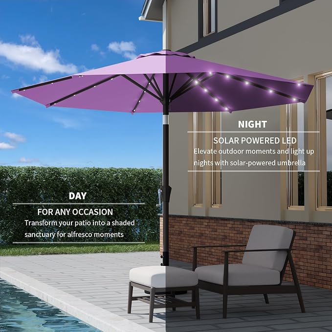 9FT Patio Umbrella with Solar Lights,Outdoor Market Umbrella with Tilt and Crank, LED Lighted Table Umbrella for Garden,Deck,Backyard,Pool,Beach (Taro Purple)